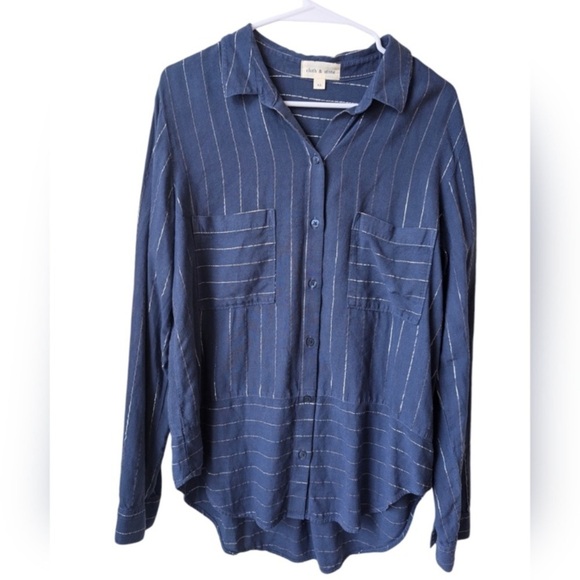 Cloth & Stone Navy Metallic Striped Linen Blend Button Down Shirt Size L - Picture 2 of 9